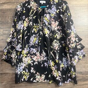 Calvin Klein Pink and Yellow Floral Ruffled Blouse with Bell Sleeves